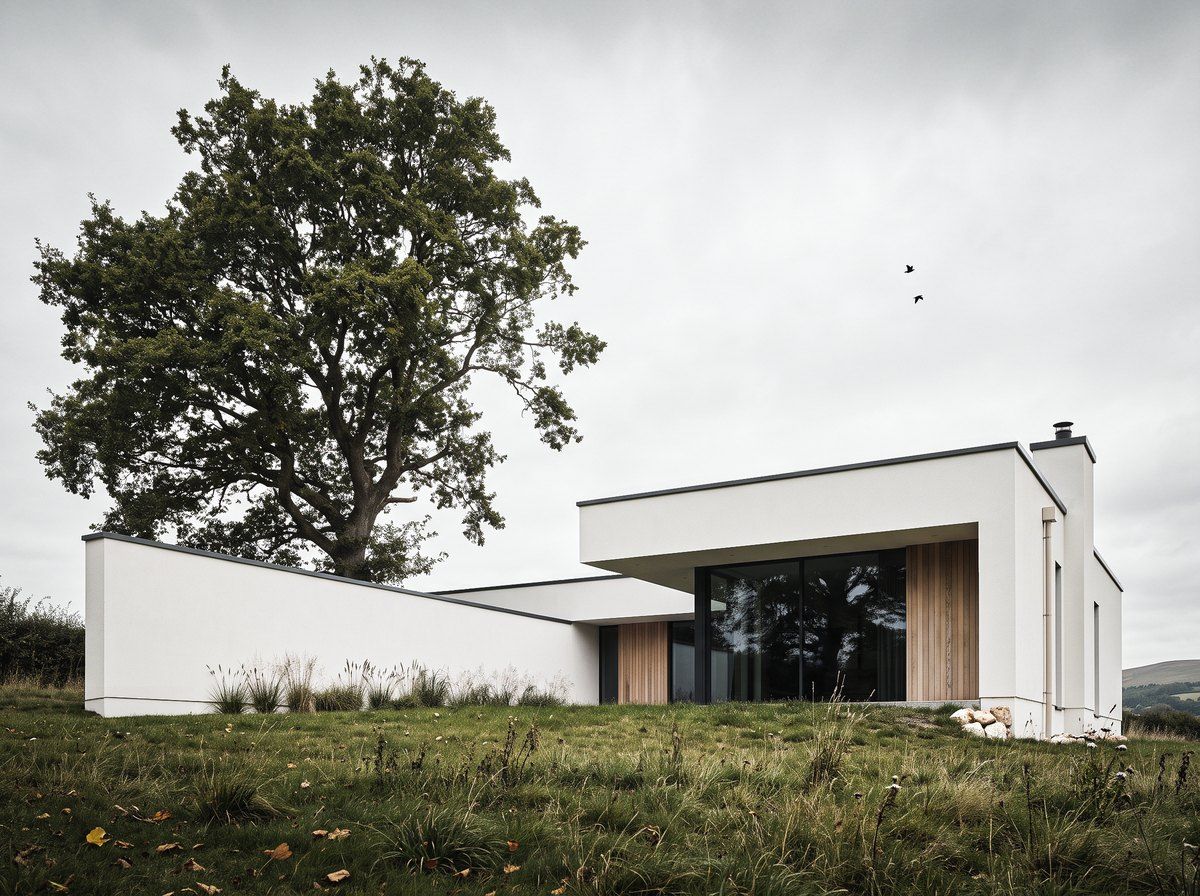 Exterior render of a white bungalow with cedar-clad recesses beside a large oak, on a grassy slope under an overcast sky