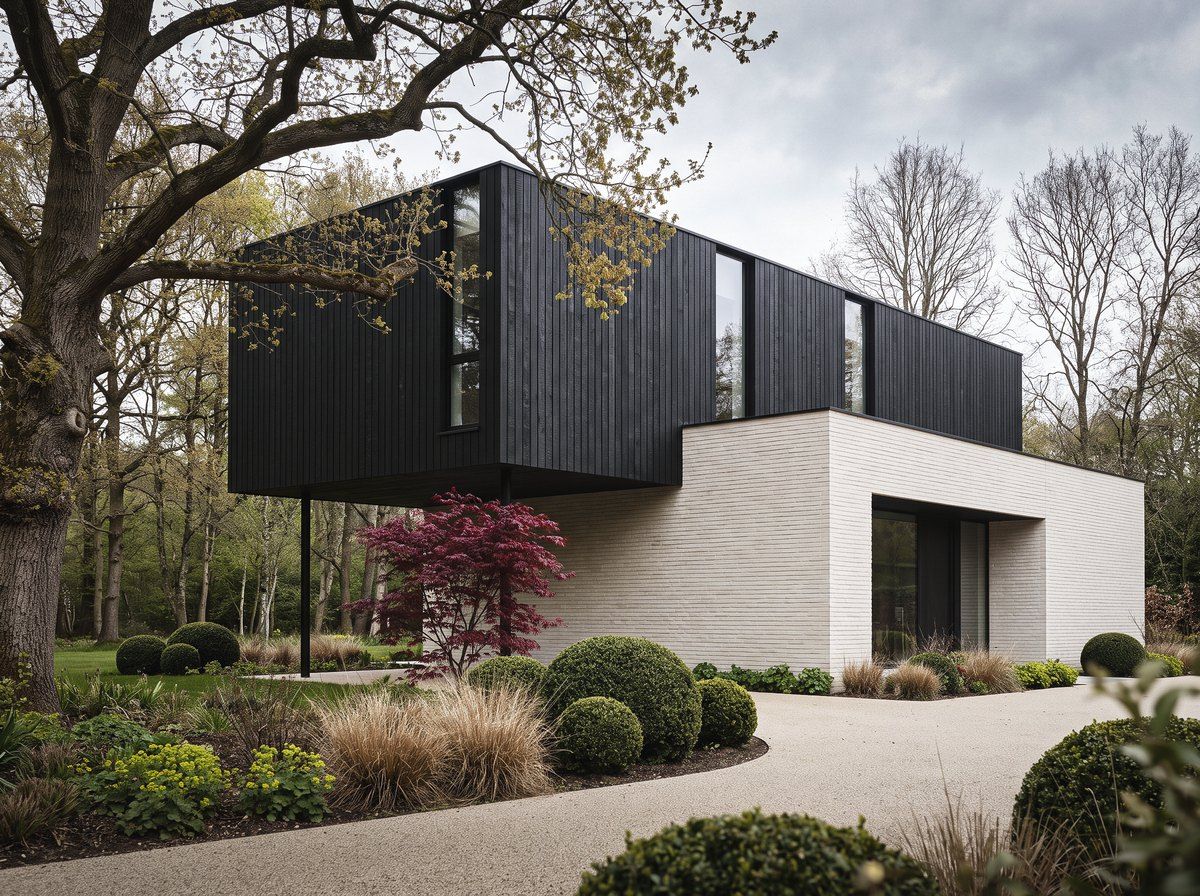 3D render of a modern house, black and white volumes, an oak, a red maple and a diverse garden