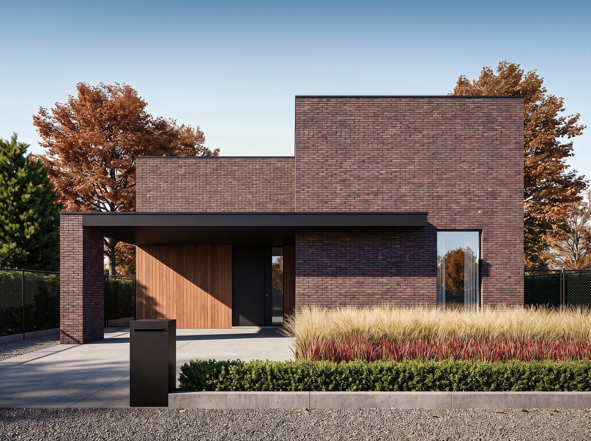 Visual of a red brick house, a cedar-clad entrance and a tall window, autumn trees and red and blond grasses in front