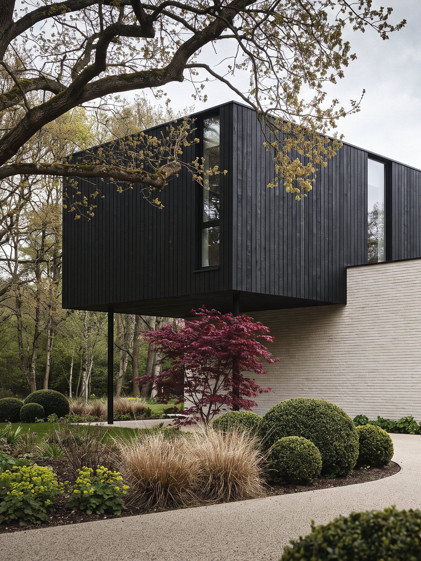 3D render snapshot of a modern house, black and white volumes, an oak, a red maple and a diverse garden