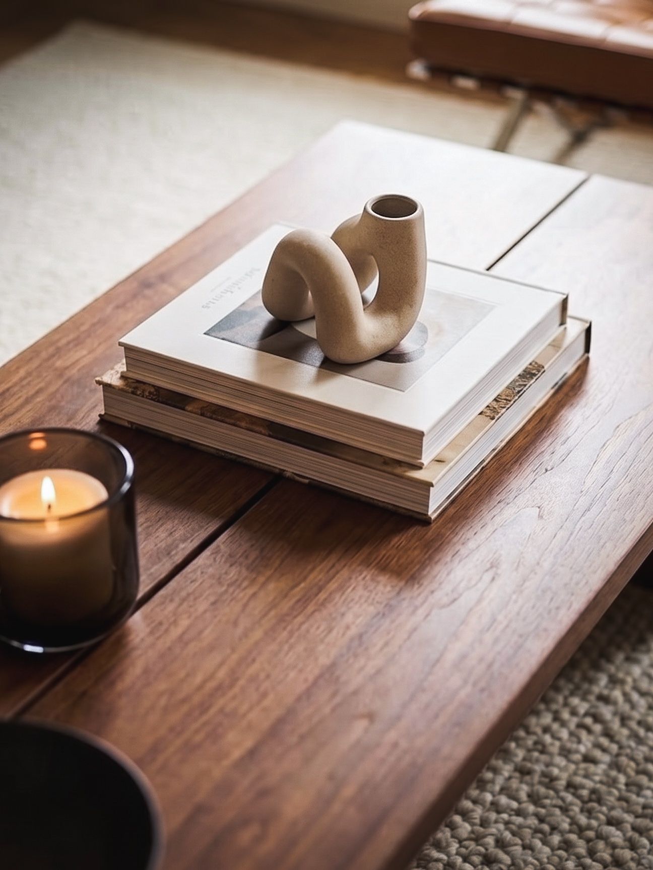 3D render of a sculptural ceramic vase on a stack of books, a lit candle beside it on a walnut table