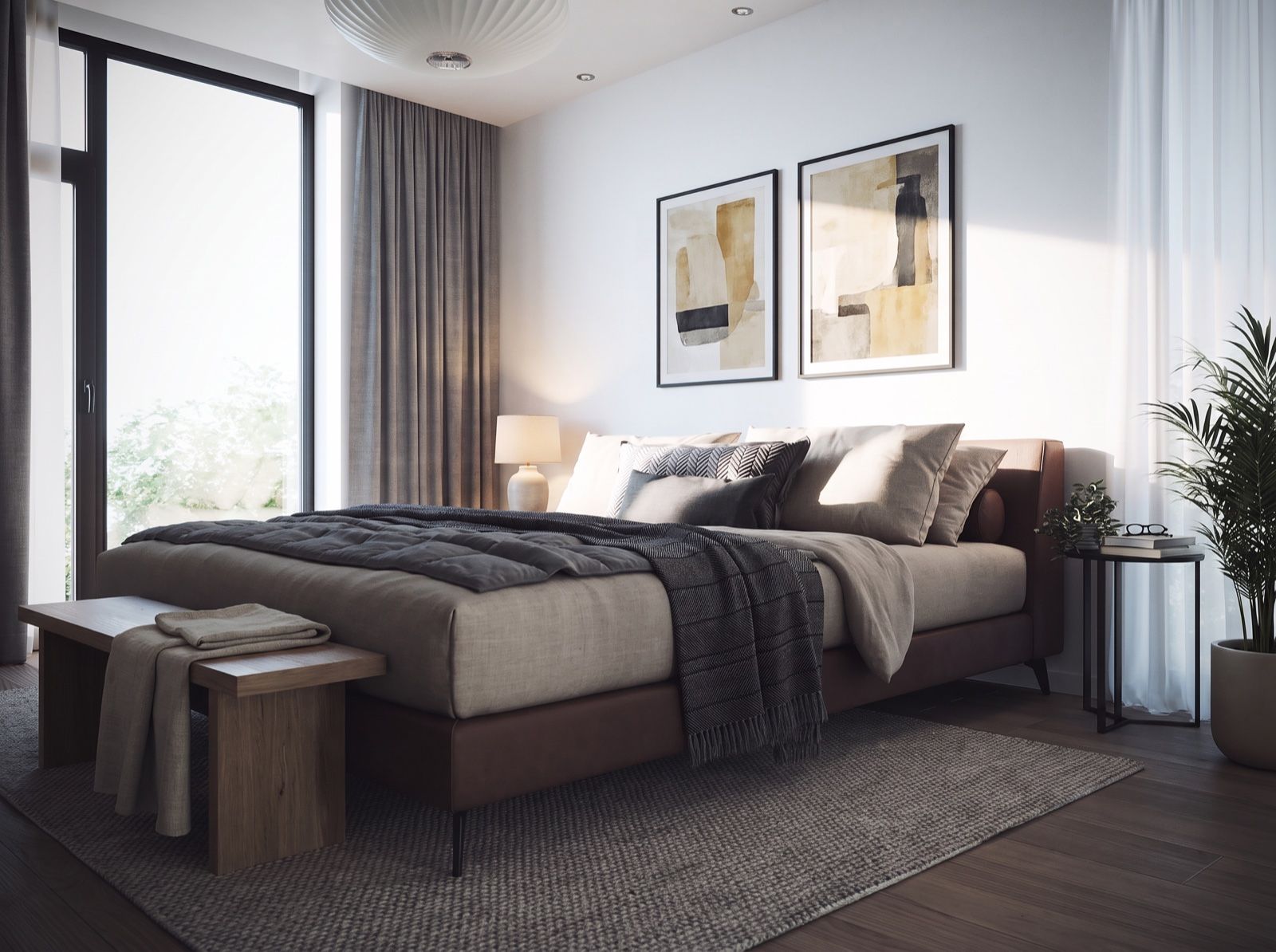 3D visualization of a bedroom in warm greys, low sun across the bed beside a tall window