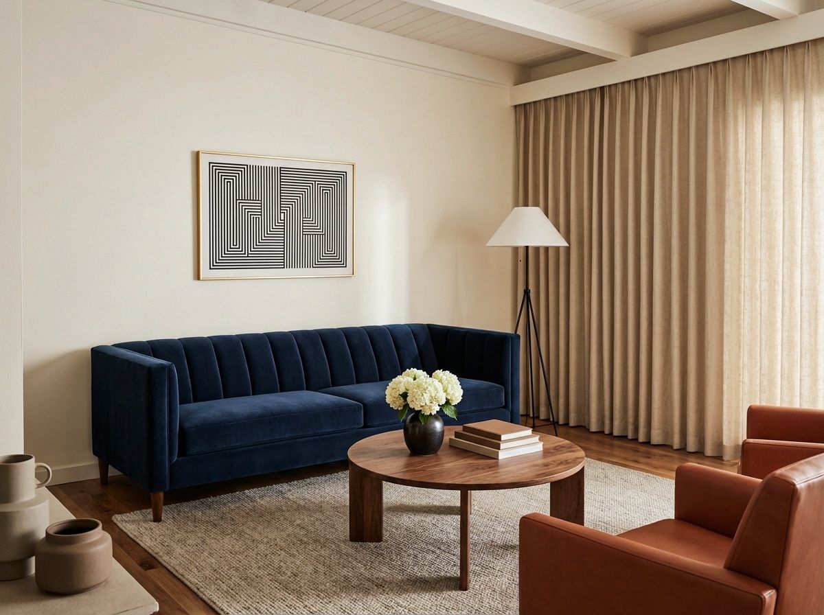3D render of a living room with a navy velvet sofa, a round walnut coffee table and linen curtains in soft daylight