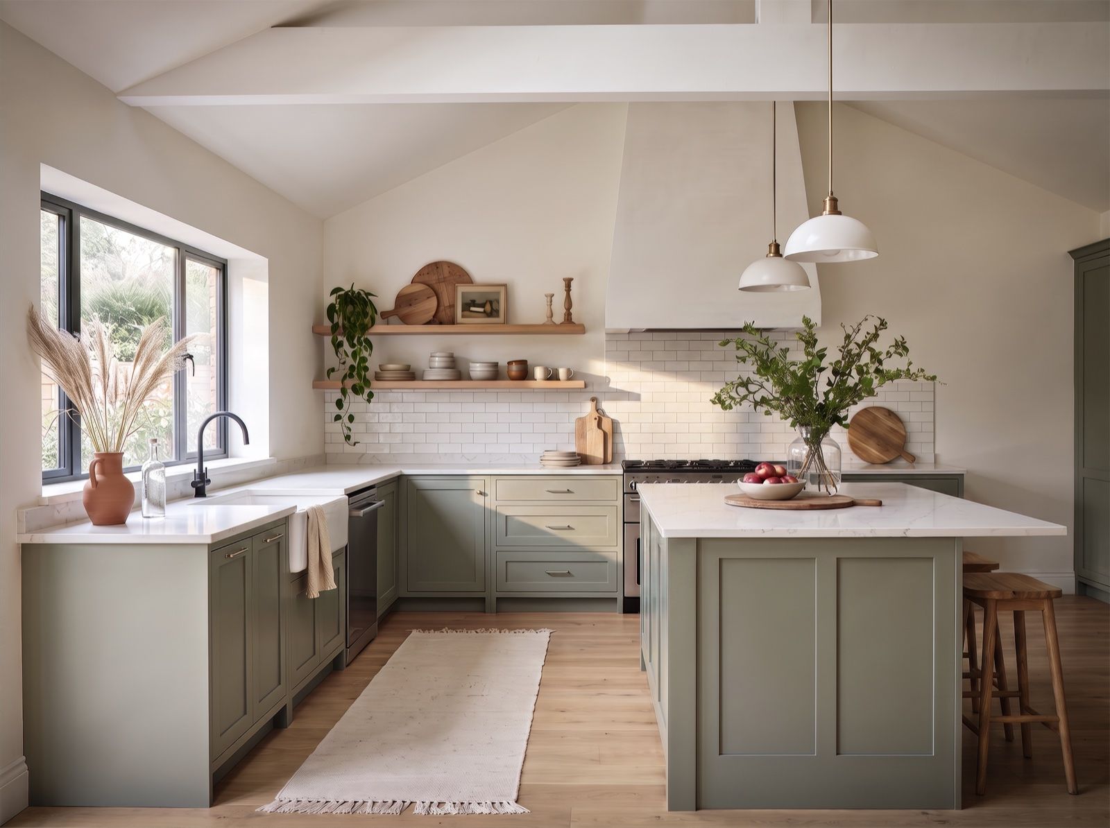 Render of a rustic sage-green kitchen with an island, open oak shelves and a vaulted white ceiling