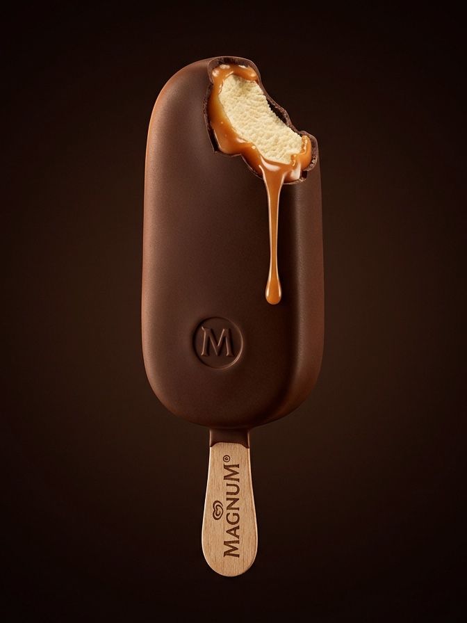3D render of a bitten chocolate ice cream bar on a stick, caramel dripping from the bite, on a dark brown ground