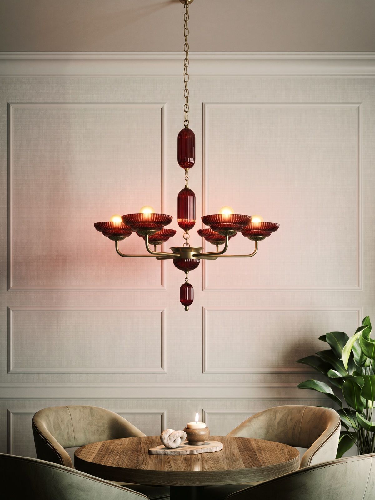 Product visualization of a chandelier with ribbed ruby glass shades over a round walnut table, against panelled walls