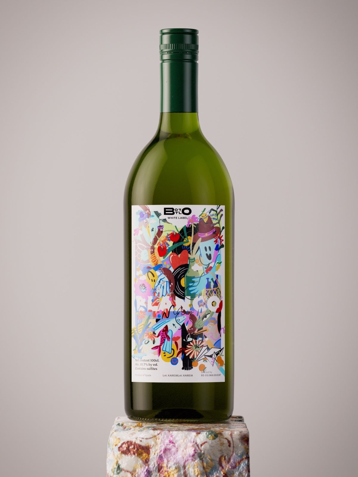Product render of a green wine bottle with a hand-drawn colourful label on a speckled stone plinth