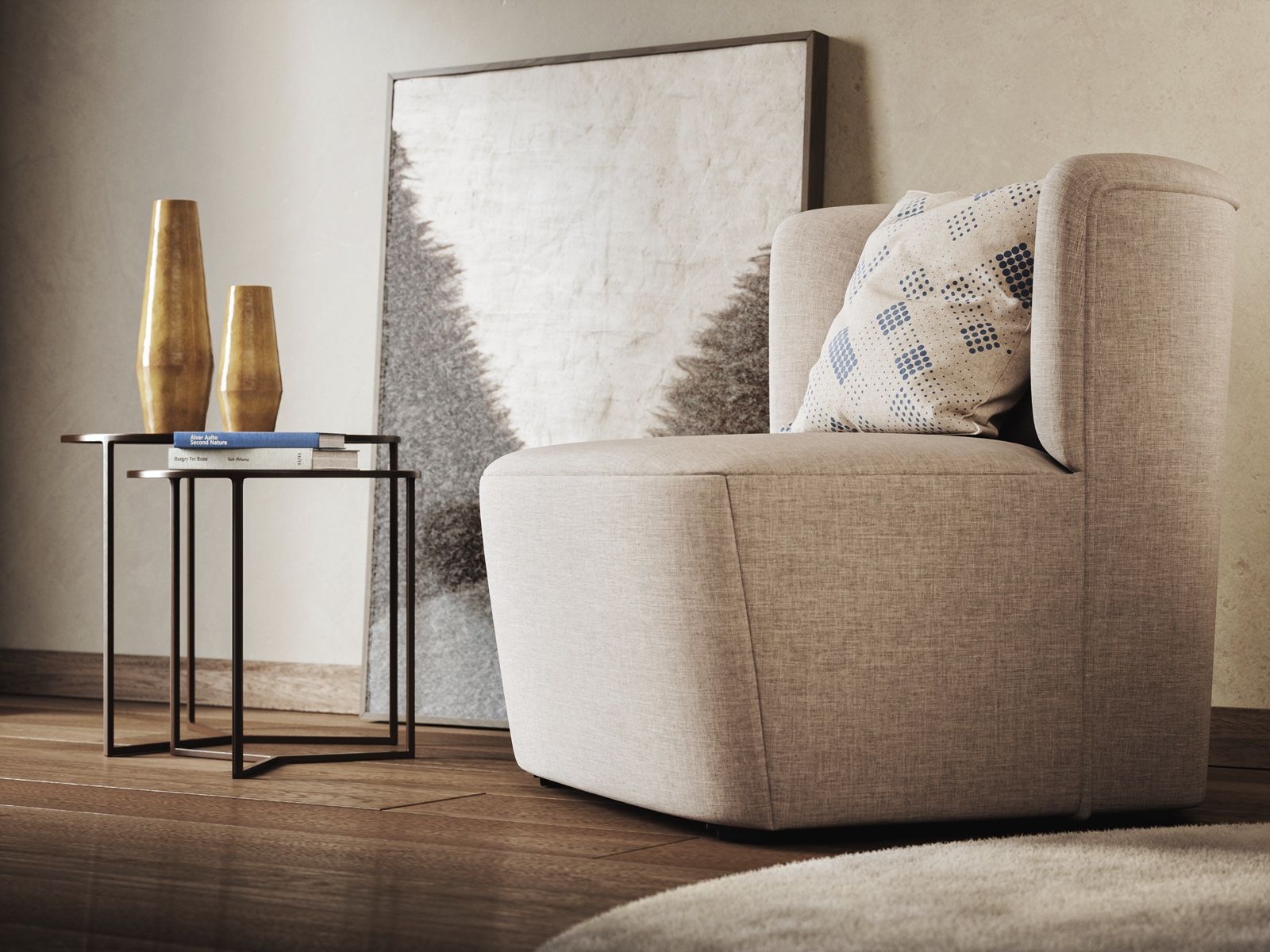 Photorealistic 3D render of a linen armchair and a patterned cushion, a side table with brass vases, and a framed artwork