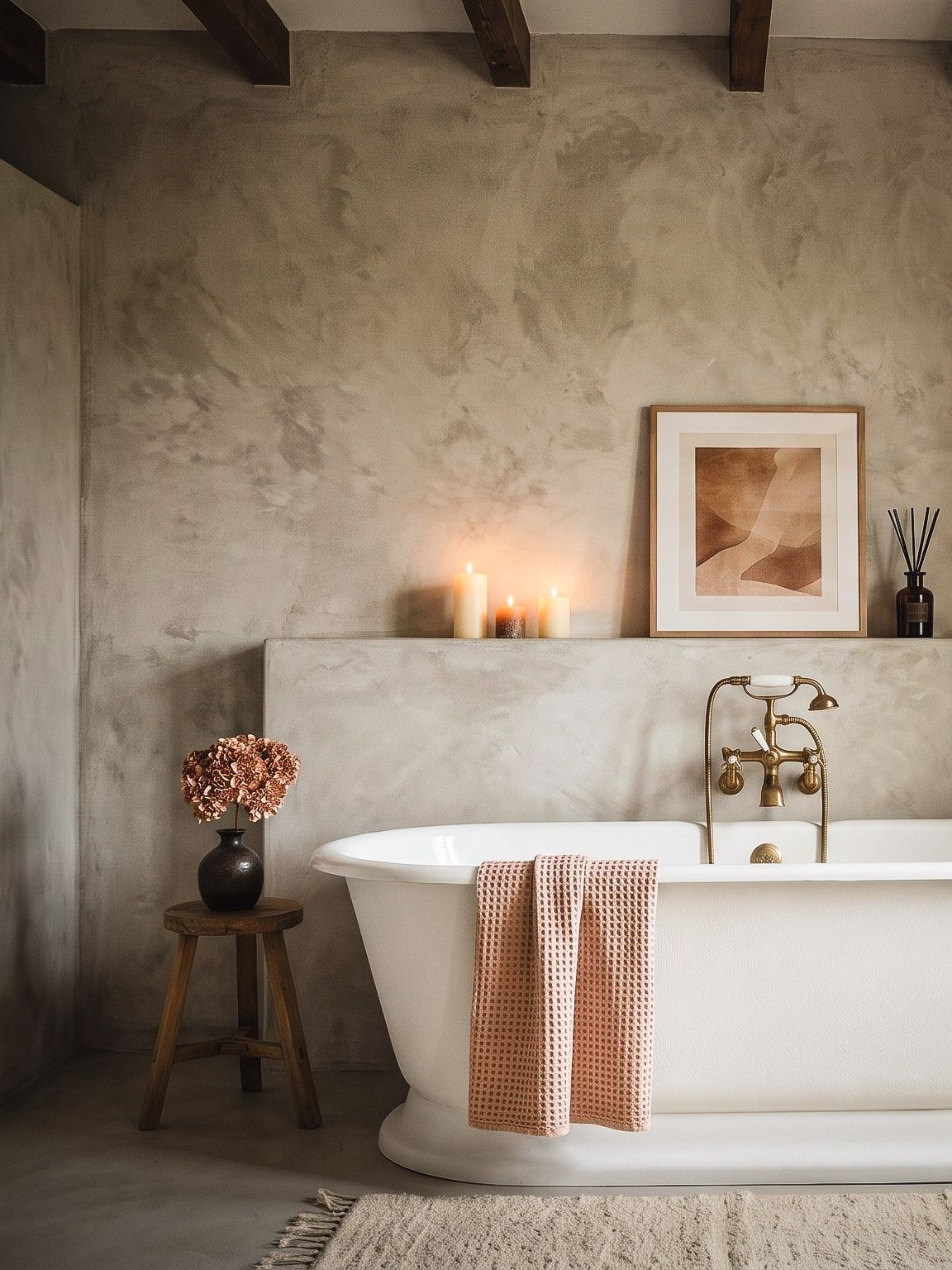 Render of a bath, brass taps and a towel against a limewashed wall, candles and a framed print