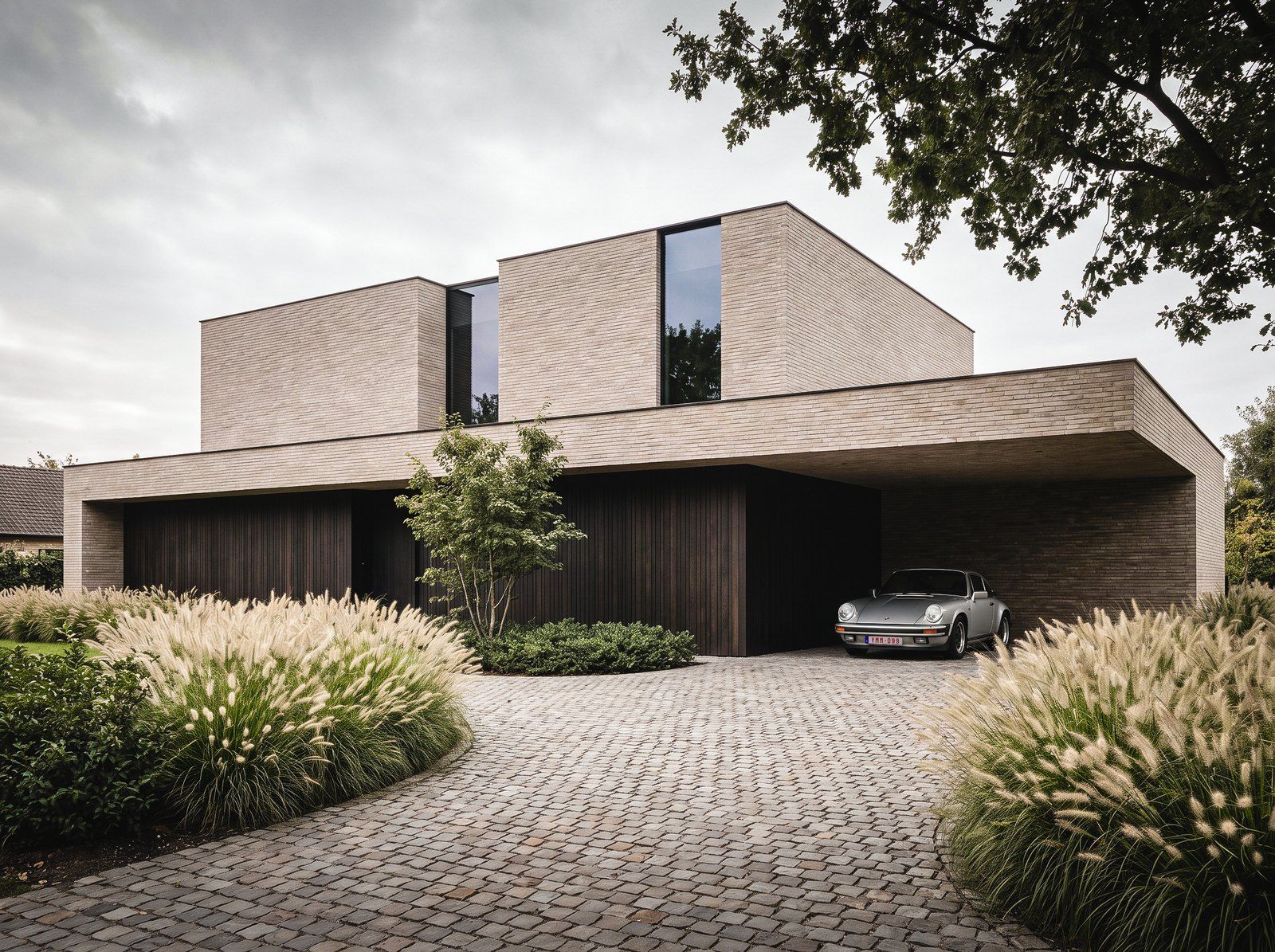 3D visualization of a modern brick house with timber cladding, a car in the carport, and grasses along a cobbled drive