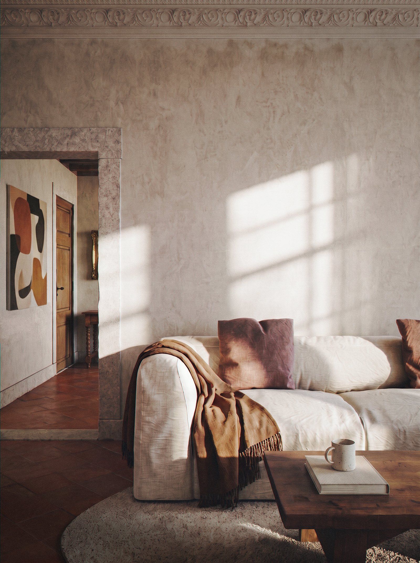 3D image of a living room in a historic eclectic Bruges interior, late sun falling across a plaster wall