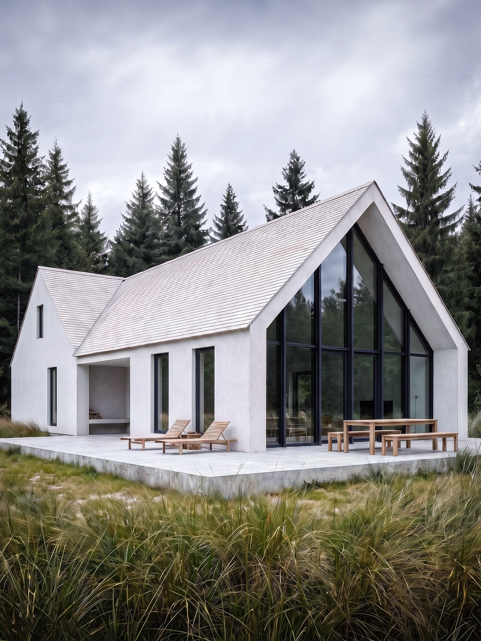 Visual of a white plastered house with a glass facade, a terrace, surrounded by pine trees and grasses under an overcast sky