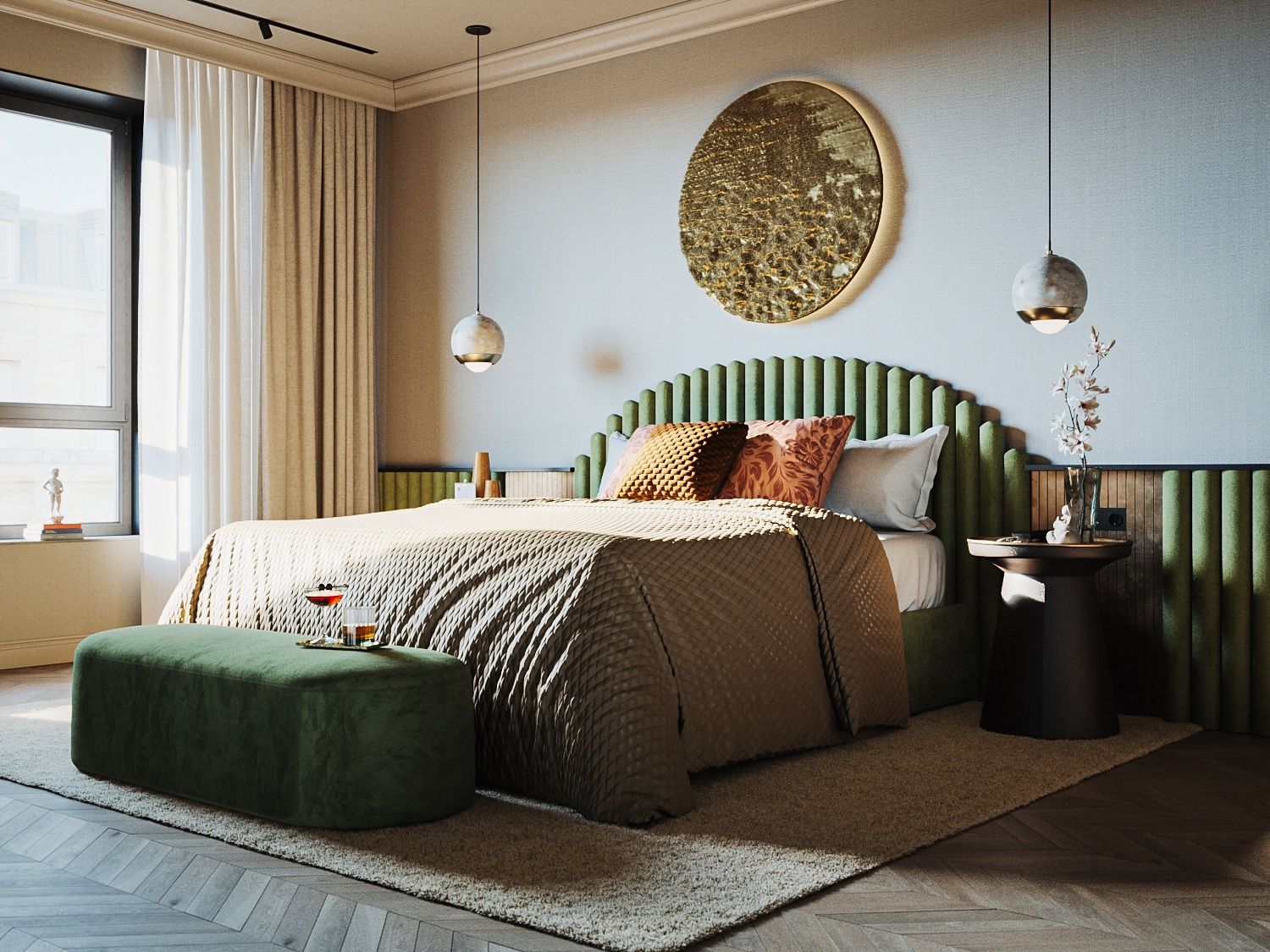 3D visualization of a hotel bed with a green headboard and a round golden artwork, morning light across a quilted bedspread